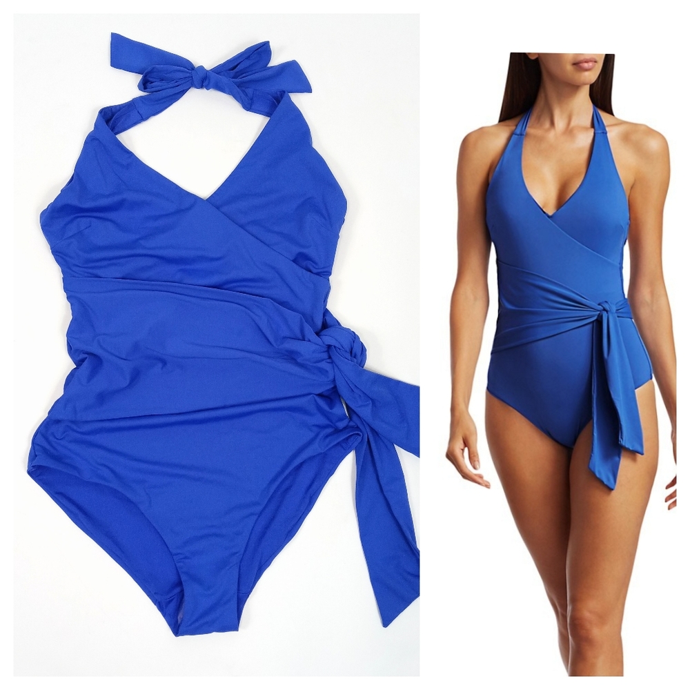 Onia Elena Bright Blue Halterneck Underwire Side Wrap One Piece Swimsuit Small